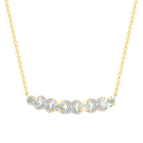 'Oval Cut Blue Topaz XO Prong Set Necklace in 18K Gold Plated (18''), Women's, Blue/Gold'