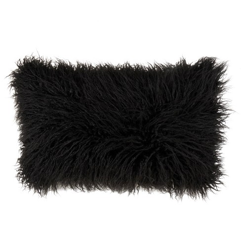 12 x20 Oversize Poly Filled Faux Mongolian Fur Lumbar Throw Pillow Black Saro Lifestyle Decorative Fuzzy Rectangle Shape Target