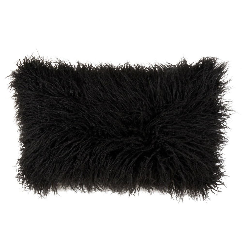 Photos - Pillow 12"x20" Oversize Poly Filled Faux Mongolian Fur Lumbar Throw  Black