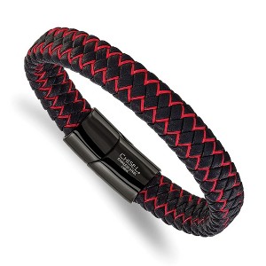 Chisel Stainless Steel Black IP-plated Black Leather and Red Fabric 8.25" Bracelet - 1 of 4