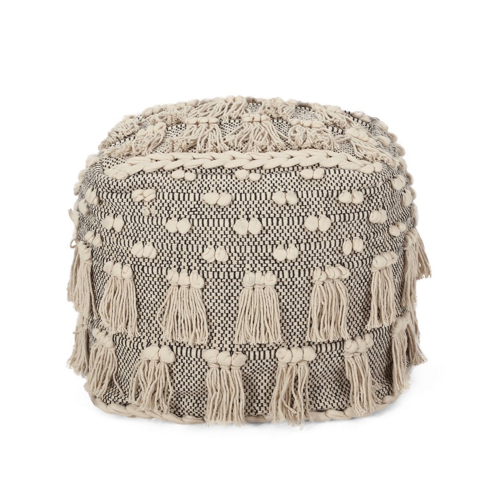 Photos - Pouffe / Bench Hawley Handcrafted Boho Fabric Cube Pouf with Tassels Ivory - Christopher