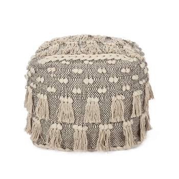 Hawley Handcrafted Boho Fabric Cube Pouf with Tassels Ivory - Christopher Knight Home