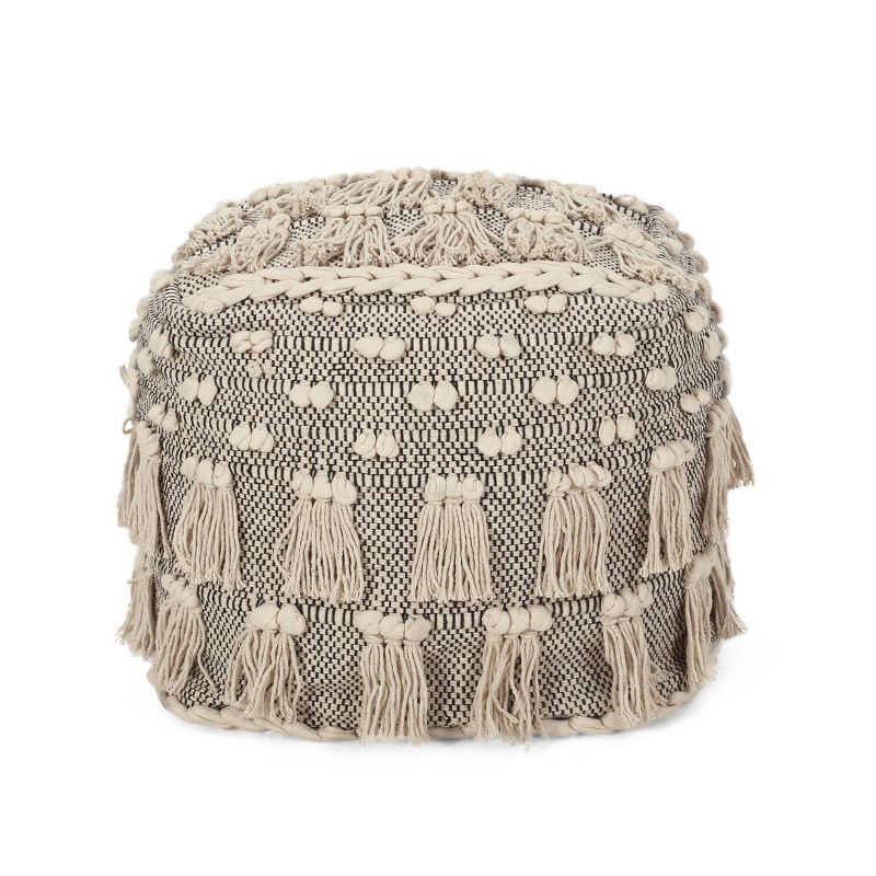 Hawley Handcrafted Boho Fabric Cube Pouf with Tassels Ivory - Christopher Knight Home, 1 of 12