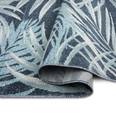 Navy Blue and Aqua Palm Leaf 8' x 10' Indoor/Outdoor Rug