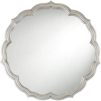Noble Park Turin Scalloped Edge Round Vanity Wall Mirror Rustic Silver Stacked Wood Frame 34 1/2" Wide for Bathroom Bedroom Living Room Home Office
