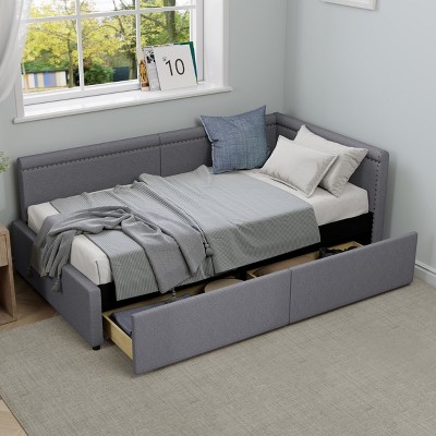 GDFStudio Carol Modern Twin Size L-Shape Corner Daybed with Linen Upholstery and Two Storage Drawers