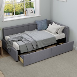 GDFStudio Carol Modern Twin Size L-Shape Corner Daybed with Linen Upholstery and Two Storage Drawers - 1 of 4