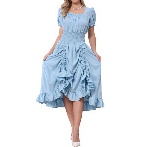 INSPIRE CHIC Women's Smocked Waist Ruffle Hem Square Neck Short Puff Sleeve A-Line Midi Dresses - 1 of 4