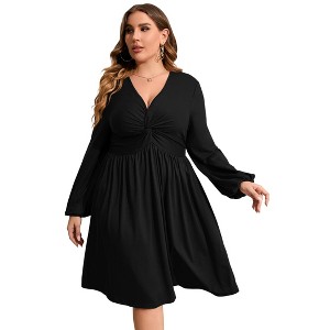 Clearlove Plus Size Dresses for Women V Neck Long Sleeve Twist Knot Front Flowy Dresses - 1 of 4