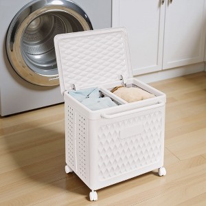 VECELO Laundry Hamper with Wheels & Lid, Plastic Laundry Basket with Handle, Rolling Laundry Bin for Laundry Room or Bathroom, White - 1 of 4