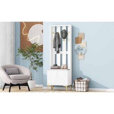Grungis Freestanding Coat Racks with Cushion and Legs,Hall Tree with 8 Hooks and Adjustable Shelves,Entryway Furniture for Hanging Clothes