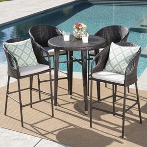 Dominica 5pc Wicker Round Bar Set Multibrown/Light Brown - Christopher Knight Home: Weather-Resistant, 4 Stools, High Table - 1 of 4