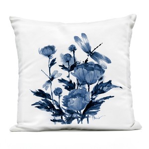 Stupell Industries Indigo Peonies & Dragonflies Outdoor Decorative Throw Pillow, 18 x 18 - 1 of 3