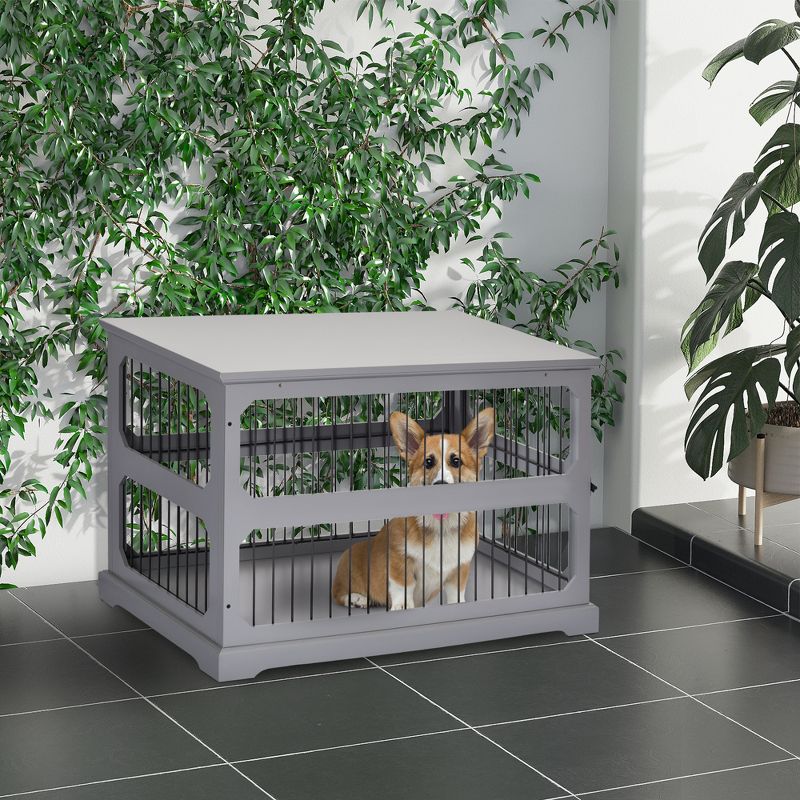 PawHut Dog Crate Furniture Decorative Cage Kennel with Strong Construction Materials & a Classic Americana Style, Gray, 2 of 9