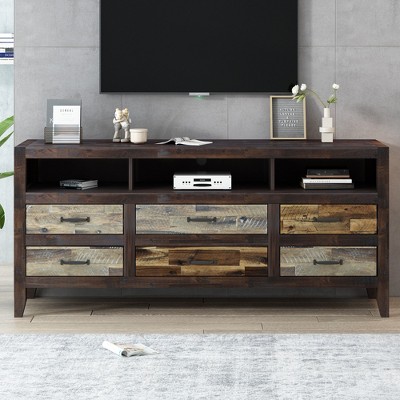 VYNXARIA Retro Distressed Wooden TV Stand for TVs up to 65 Inches,Entertainment Center Media Console with 6 Drawers and 3 Shelves,Brown