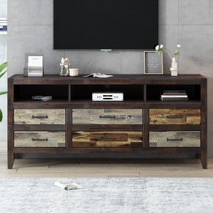 VYNXARIA Retro Distressed Wooden TV Stand for TVs up to 65 Inches,Entertainment Center Media Console with 6 Drawers and 3 Shelves,Brown - 1 of 4