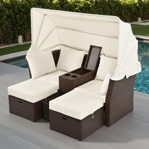 Convertible Outdoor Patio Daybed Loveseat Sofa Set with Retractable Canopy and Central Console - 1 of 4