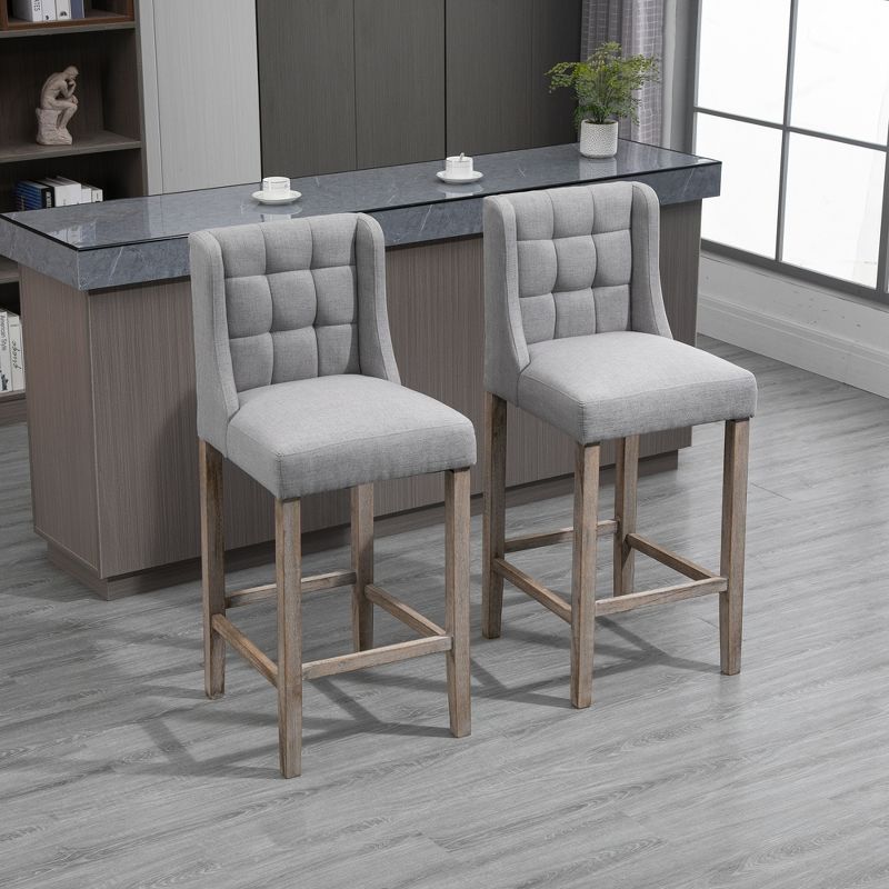 HOMCOM Modern Bar Stools, Tufted Upholstered Barstools, Pub Chairs with Back, Rubber Wood Legs for Kitchen, Dinning Room, Set of 2, 2 of 7