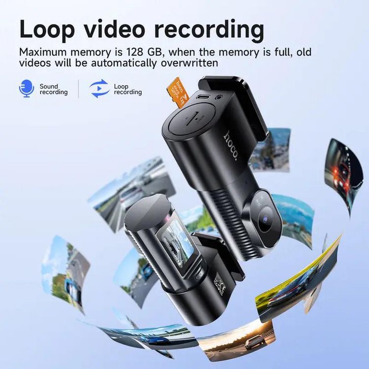 Black colored camera with a memory card slot, surrounded by floating images, and text stating "Loop video recording" with a maximum memory of 128 GB.