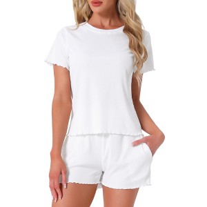 INSPIRE CHIC Women's Ribbed Knit Soft Short Sleeve Top and Shorts Ruffled Lounge Set Pajama Set with Pocket - 1 of 4