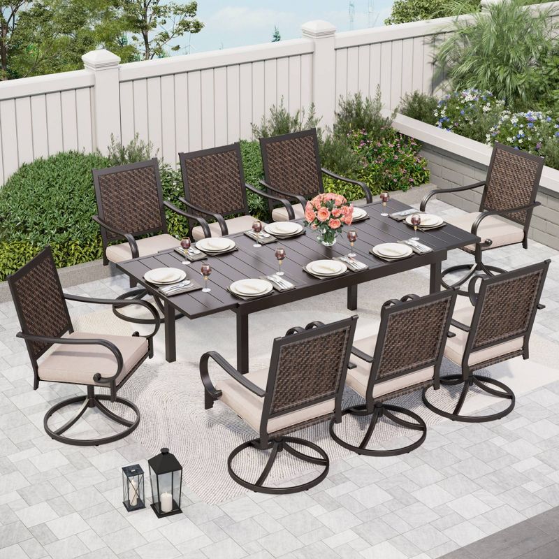 9pc Patio Dining Set with 360 Swivel Chairs with Cushions and Rectangle Concertina Steel Table - Captiva Designs, 1 of 11