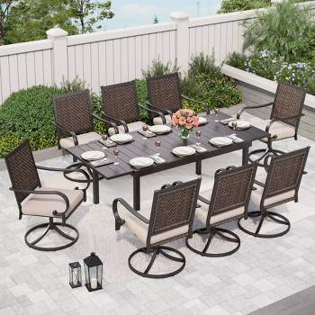 9pc Patio Dining Set with 360 Swivel Chairs with Cushions and Rectangle Concertina Steel Table - Captiva Designs