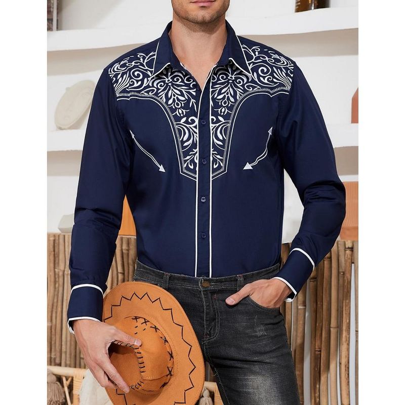 Men's Casual Western Embroidered Cowboy Shirts Button Up Long Sleeve Shirt Floral Design Retro Shirt, 2 of 7