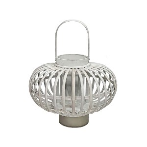 Essential Decor & Beyond 6.8" White Wash Bamboo Glass Candle Holder Tabletop Lantern With Handle - 1 of 1