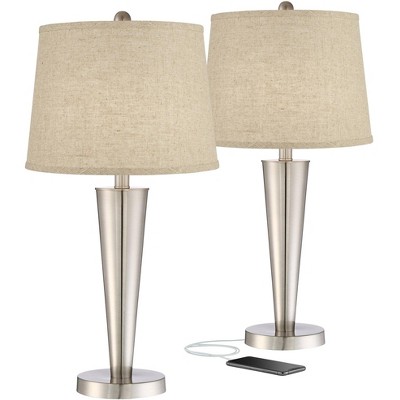 360 Lighting Geoff Modern Table Lamps 26" High Set of 2 Brushed Nickel with USB Charging Port Cream Burlap Drum Shade for Bedroom Living Room Desk