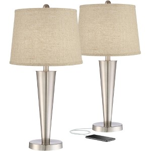 360 Lighting Geoff Modern Table Lamps 26" High Set of 2 Brushed Nickel with USB Charging Port Cream Burlap Drum Shade for Bedroom Living Room Desk - 1 of 4