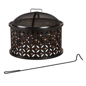Evergreen Cylinder Lattice Fire Pit- 26 x 20 x 26 Inches Outdoor Safe and Weather Resistant with Spark Guard, Tabletop, and Poker - 1 of 1