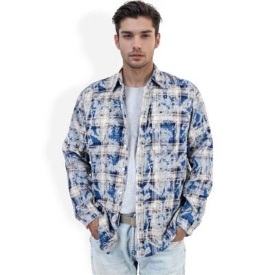 Anna-Kaci Men's Long Sleeve Button-Down Shirt with Distressed Plaid Pattern