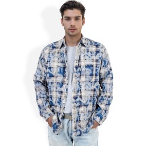 Anna-Kaci Men's Long Sleeve Button-Down Shirt with Distressed Plaid Pattern - 1 of 4