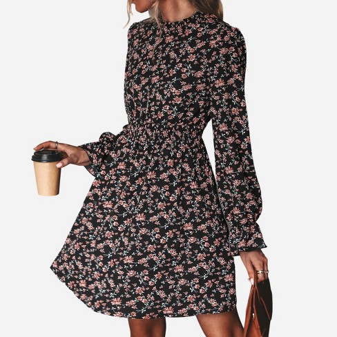 Women's Ditsy Floral Long Sleeve A-line Mini Dress Smocked Dress