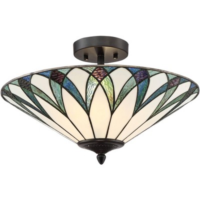 Regency Hill Ceiling Light Semi Flush Mount Fixture Bronze 18" Wide Tiffany Style Blue Green Art Glass Bedroom Kitchen Living Room