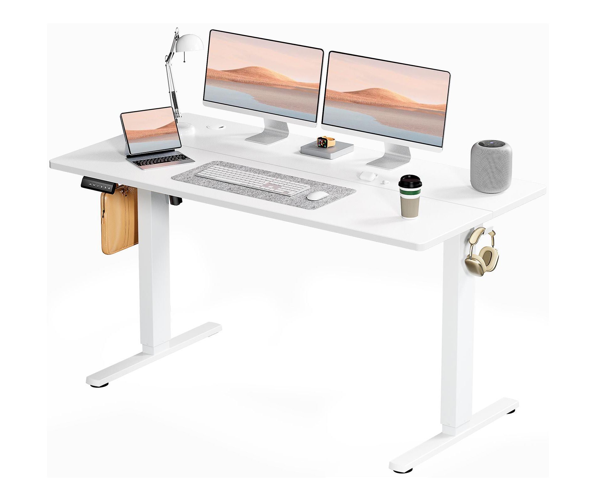 Bestier Height Adjustable Electric Standing Desk, 55" x 24" Ergonomic Sit Stand up Desk with Hooks and Wire Holes, Memory Computer Office Desk, White