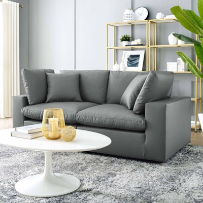 Gray Faux Leather Loveseat with Down Fill Cushions