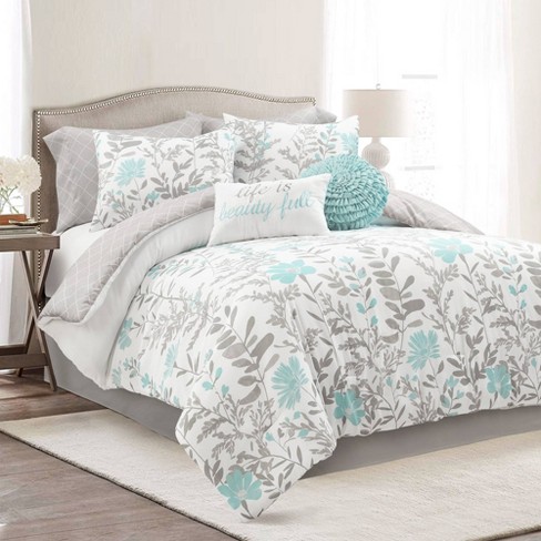 Lush Decor 8pc Full Queen Sydney Comforter Bedding Set Blue Gray Reversible Polyester Non Woven Fabric Includes Decorative Pillows Shams