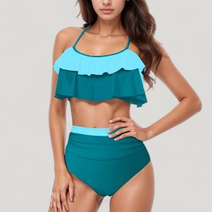 Anna-Kaci Swim Women's Ruffle Flounce Bikini Top and High Waist Bottom Two-Piece Swimsuit with Contrast Trim - 1 of 4