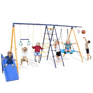 Whisen 7 in 1 Swing Set with Slide, 2 Swing Seats, 1 Climbing Net & Ladder, 1 Gym Ring, 1 Basket , Perfect Gift for Kids - Multicolor - 1 of 4