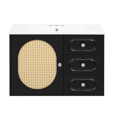 Vynxaria 30 inch Obsidian Black Mid Century Single Sink Freestanding Bath Vanity with White Ceramic Top Two Full Extension Drawers Rattan Accent Door