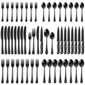 BRINJOY 49-Piece Stainless Steel Flatware Set - Mirror-Polished Black Silverware Set with Steak Knives (Service for 8) - 1 of 4