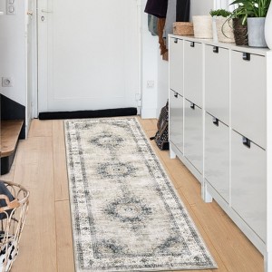 Vintage Machine Washable 2 x 6 Runner Rug with Non-Slip Backing Low Pile Stain-Resistant Medallion Rug for Hallway Entryway Kitchen Launday Bedside - 1 of 4