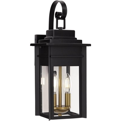 Franklin Iron Works Industrial Outdoor Wall Light Fixture Warm Brass Black Metal 17" Clear Glass Exterior House Patio Outside Deck