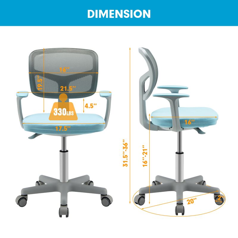Costway Kids Desk Chair Adjustable Height Children Study Chair w/Auto Brake Casters Blue / Pink, 3 of 11