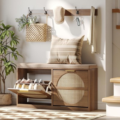 Rattan Entryway Bench with Seat Cushion & Metal Hooks, Shoe Storage Cabinet, Rustic Oak Rattan