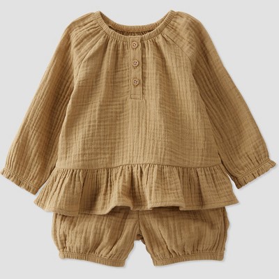 Image of little Planet By Carter's Baby 2pc Honey Oak Gauze Top and Bottom Set - Beige Newborn