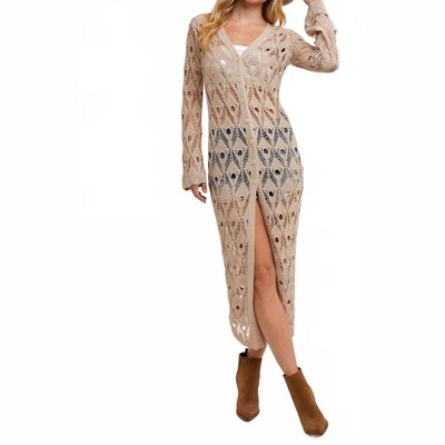 Women's Button Down Crochet Maxi Cardigan - BluIvy