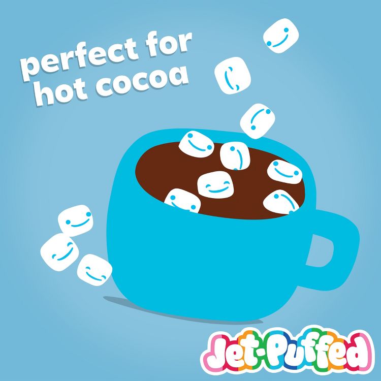 Illustration of smiling marshmallows being added to a blue cup of hot cocoa with the text "perfect for hot cocoa" and the Jet-Puffed logo.