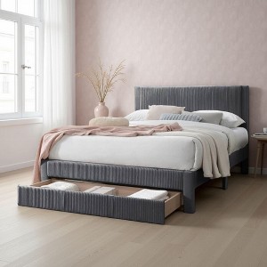 Royal Hampton Queen Size Bed w Storage Drawer, Charcoal Gray Corduroy Upholstery - 1 of 4